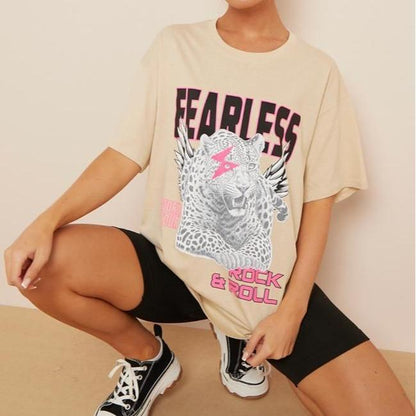 Women Girls Fearless print summer holidays t tee shirts oversized baggy Crewneck Casual Womenswear