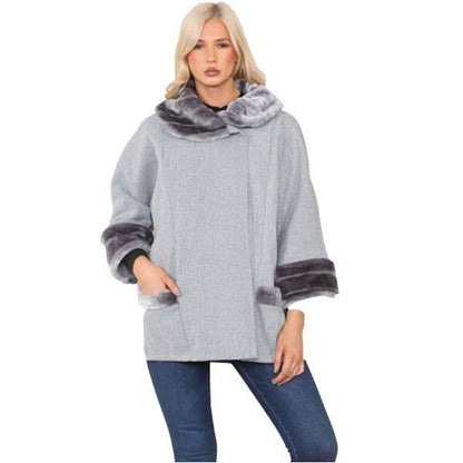 Ladies Italian Warm Faux Fur Cape Poncho Coat with Pockets Casual Swing Overcoat 8-20