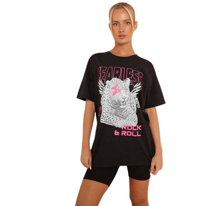 Womens Tiger Print FEARLESS Slogan T-Shirt ROCK & ROLL Oversized Baggy Fit Top Casual Womenswear Tshirt
