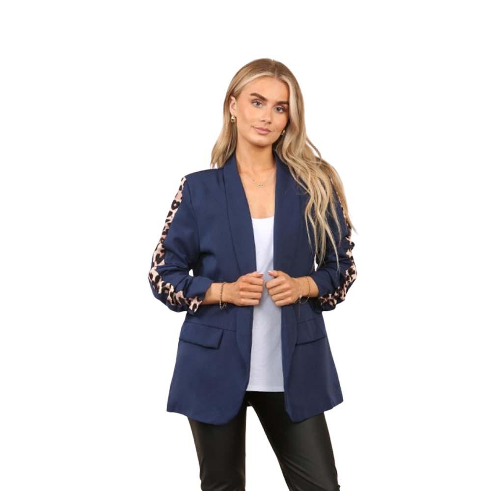 Ladies Italian Rouge Sleeve Leopard Open Front Blazer 2 Front Mock Flap Pockets