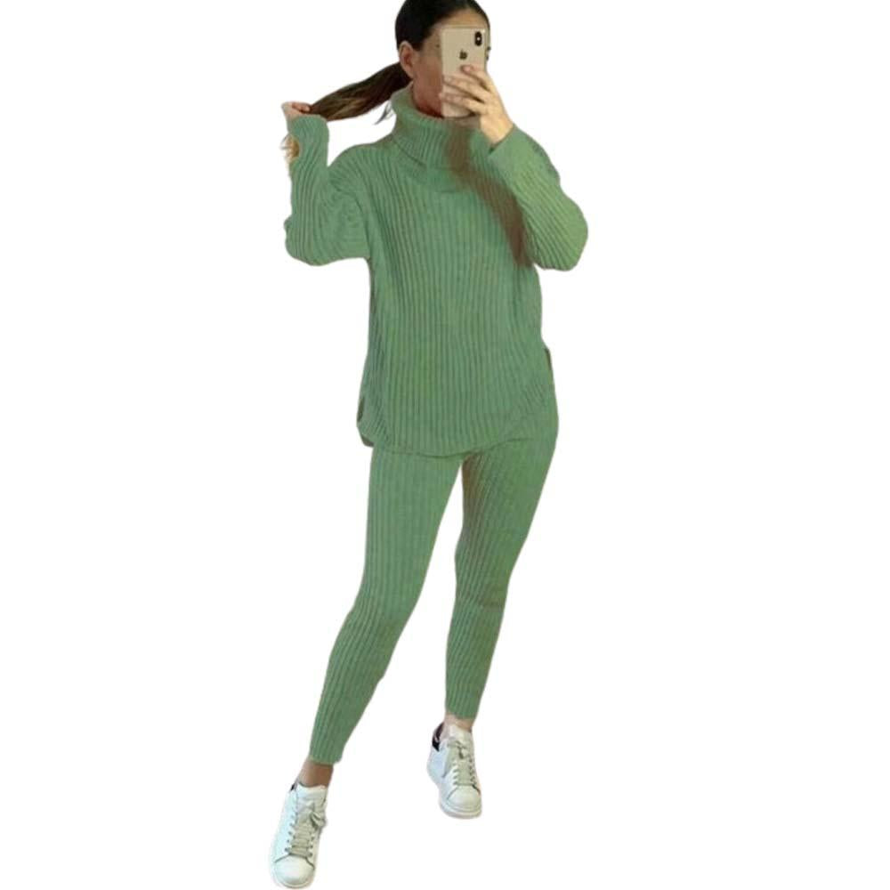Ladies Chunky Knitted Loungewear Women's Polo High Neck Top Leggings Suit Set UK