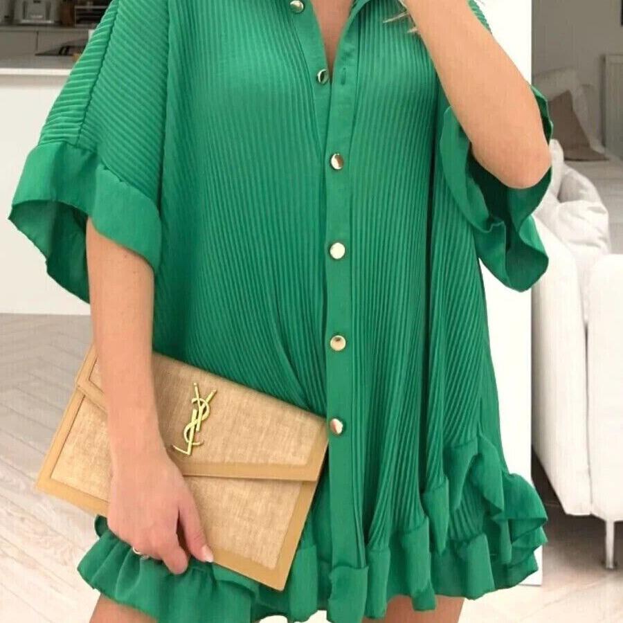 Womens Pleated Shirt with Short Co-Ord Set Short Sleeve Gold Button Up Shirt Summer UK 8-18