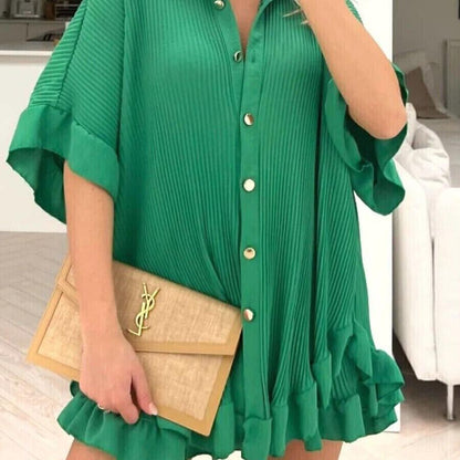 Womens Pleated Shirt with Short Co-Ord Set Short Sleeve Gold Button Up Shirt Summer UK 8-18
