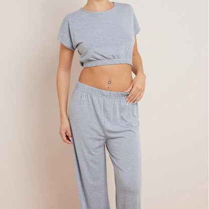 Ladies Women Plain Crop Top Flared Trouser Holidays Summer Loungewear Suit 2PCS Co-ord Tracksuit Set Fit Womenswear Casual Comfortable