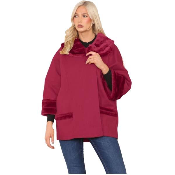 Ladies Italian Warm Faux Fur Cape Poncho Coat with Pockets Casual Swing Overcoat 8-20