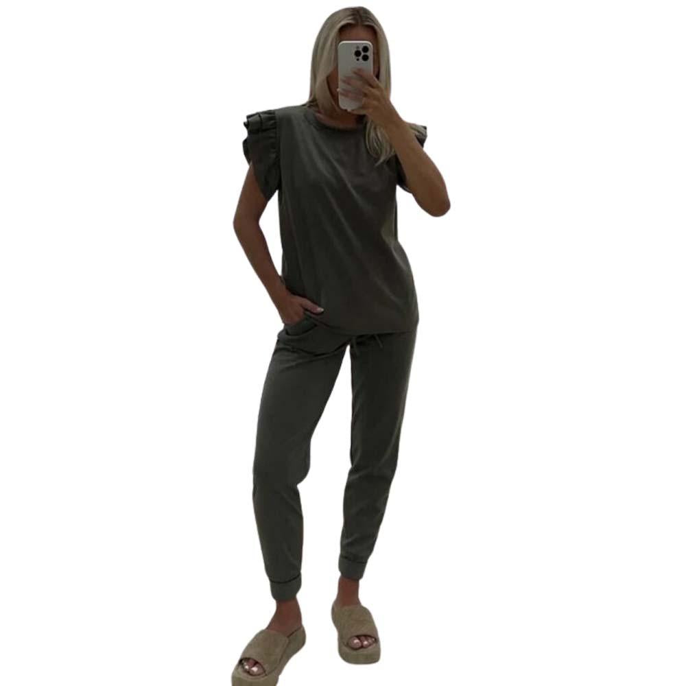 Ladies Womens Tracksuit Frill Peplum Sleeve Boxy Top Bottom Lounge Wear Set Casual Womenswear Comfortable