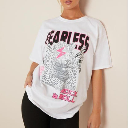 Women Girls Fearless print summer holidays t tee shirts oversized baggy Crewneck Casual Womenswear
