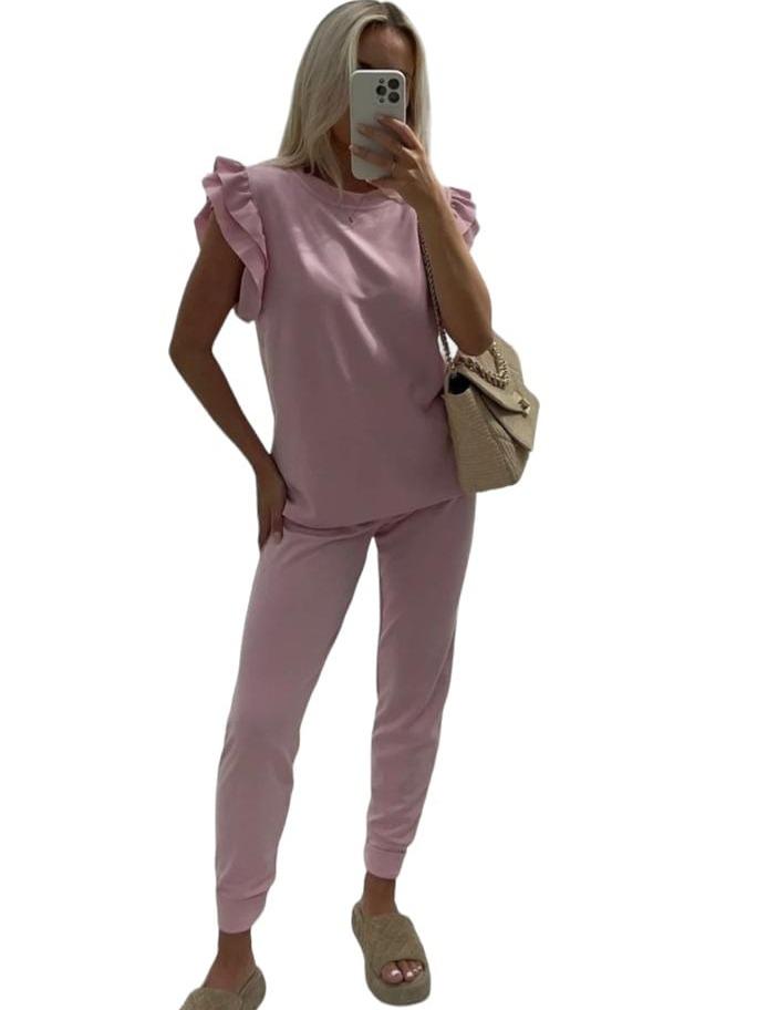 Womens Tracksuit Frill  Peplum Sleeve Boxy Top Bottom Ladies Lounge Wear Set Casual Fit Comfortable