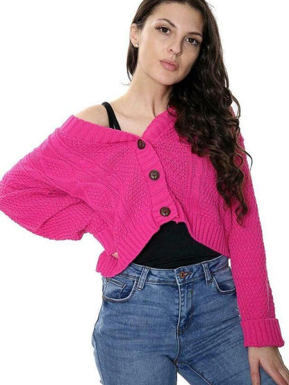 NEW Women's Chunky Cable Knit Cardigan - 3-Button Long Sleeve Crop Top (One Size UK 8-16) - Stylish Knitwear for Womenswear Knitted Underwear Lady Knitting