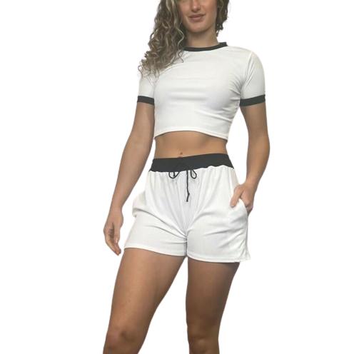 Contrast Pockets White Hem Draw Trim Ribbed String Crop Top & Shorts CO-ORD Clothing Womenswear Comfort Women