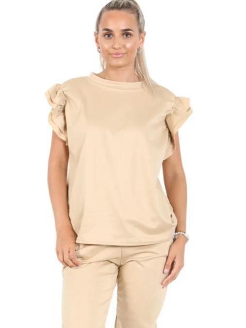 Womens Tracksuit Frill  Peplum Sleeve Boxy Top Bottom Ladies Lounge Wear Set Casual Fit Comfortable