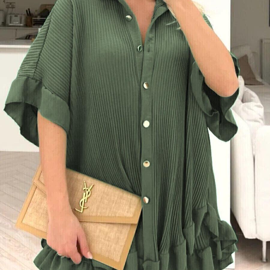 Womens Pleated Shirt with Short Co-Ord Set Short Sleeve Gold Button Up Shirt Summer UK 8-18
