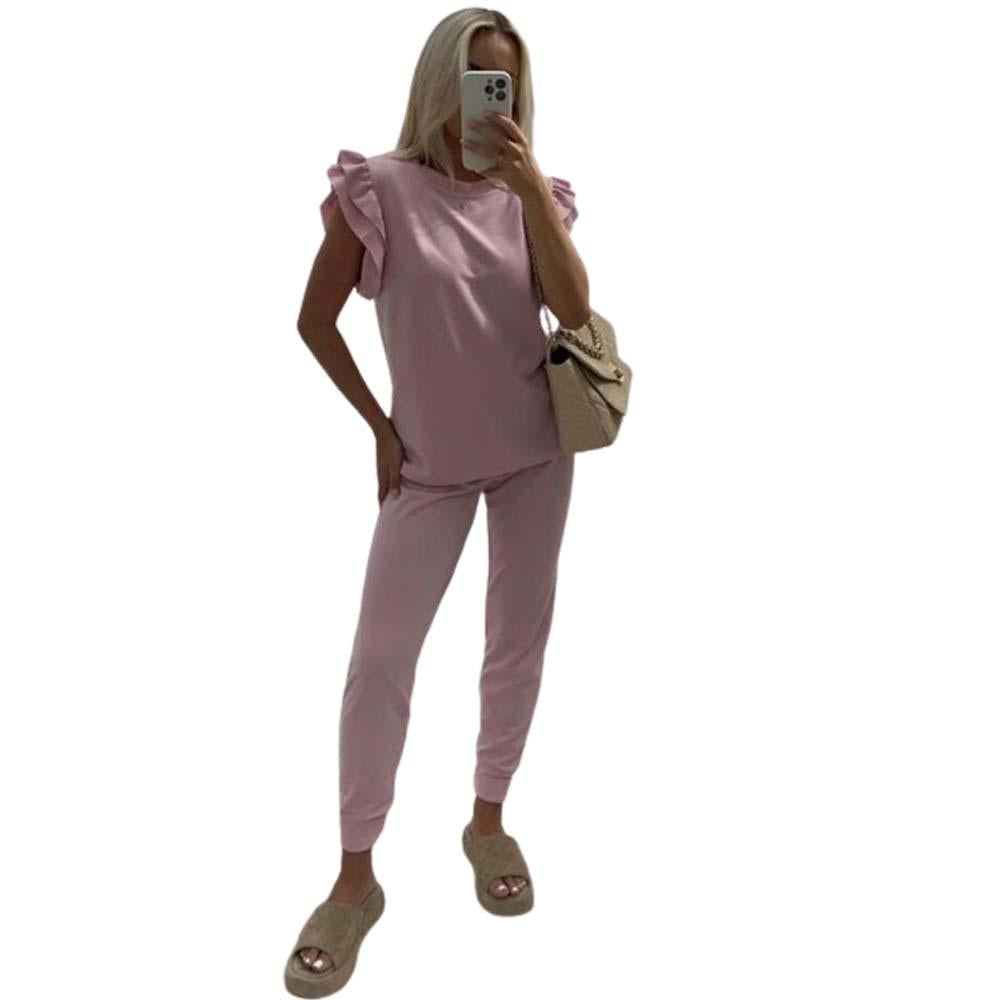 Ladies Womens Tracksuit Frill Peplum Sleeve Boxy Top Bottom Lounge Wear Set Casual Womenswear Comfortable