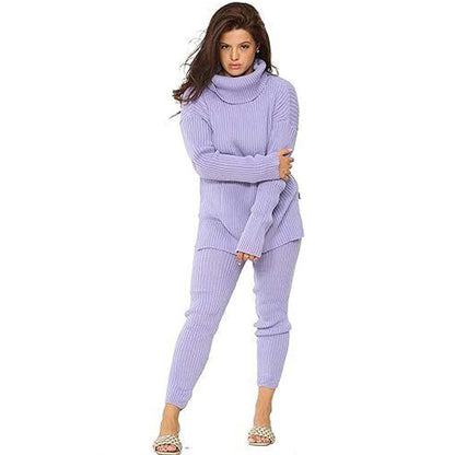 Ladies Chunky Knitted Loungewear Women's Polo High Neck Top Leggings Suit Set UK