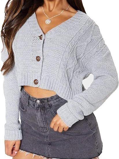 NEW Women's Chunky Cable Knit Cardigan - 3-Button Long Sleeve Crop Top (One Size UK 8-16) - Stylish Knitwear for Womenswear Knitted Underwear Lady Knitting