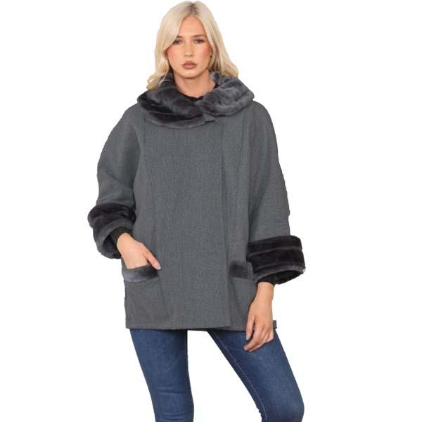 Ladies Italian Warm Faux Fur Cape Poncho Coat with Pockets Casual Swing Overcoat 8-20