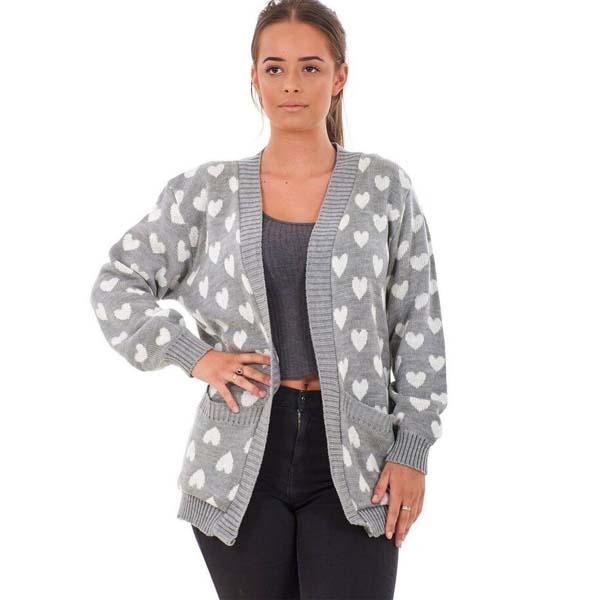 Women's Ladies Knitted Heart Printed Cardigan With Pockets Long Sleeve Ladies Top 8-22