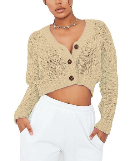 NEW Women's Chunky Cable Knit Cardigan - 3-Button Long Sleeve Crop Top (One Size UK 8-16) - Stylish Knitwear for Womenswear Knitted Underwear Lady Knitting