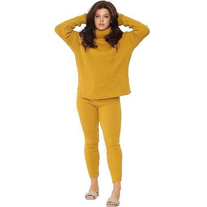 Ladies Chunky Knitted Loungewear Women's Polo High Neck Top Leggings Suit Set UK