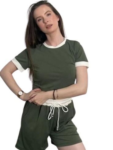 Contrast Pockets White Hem Draw Trim Ribbed String Crop Top & Shorts CO-ORD Clothing Womenswear Comfort Women
