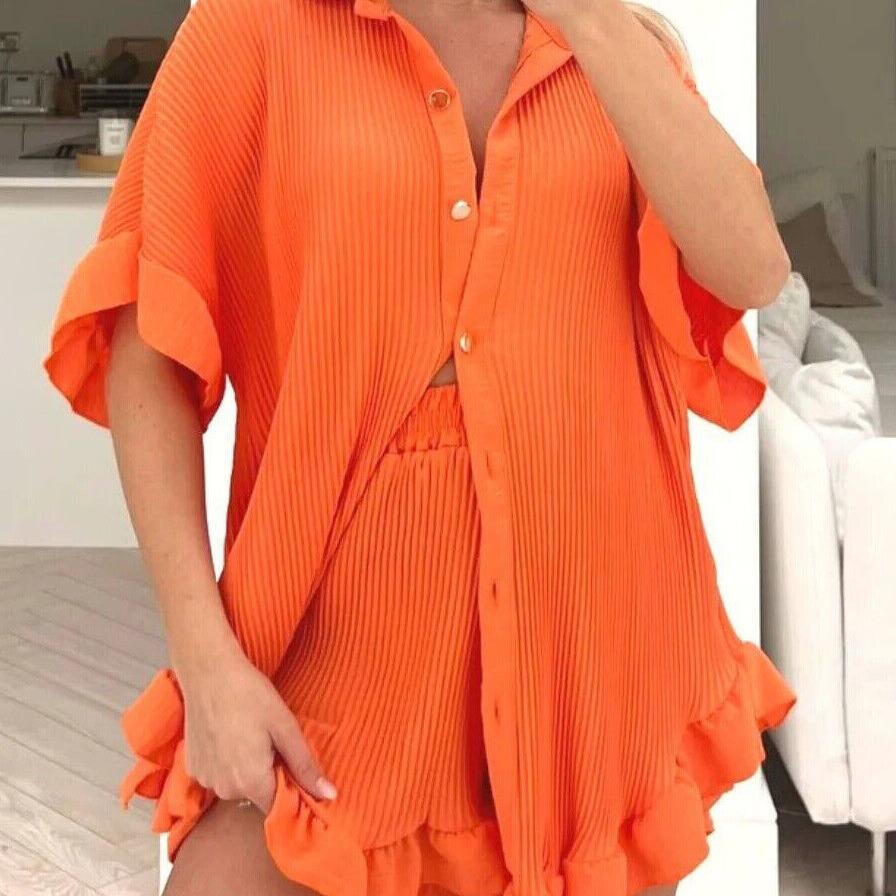 Womens Pleated Shirt with Short Co-Ord Set Short Sleeve Gold Button Up Shirt Summer UK 8-18