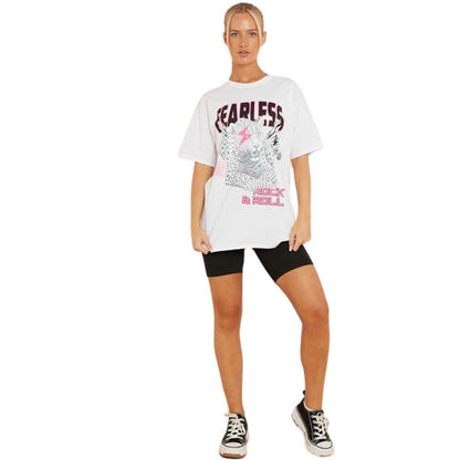 Womens Tiger Print FEARLESS Slogan T-Shirt ROCK & ROLL Oversized Baggy Fit Top Casual Womenswear Tshirt