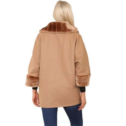 Ladies Italian Warm Faux Fur Cape Poncho Coat with Pockets Casual Swing Overcoat 8-20