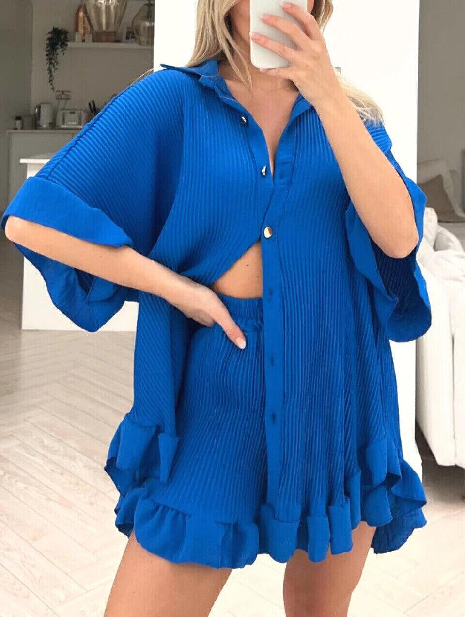 Womens Pleated Shirt with Short Co-Ord Set Short Sleeve Gold Button Up Shirt Summer UK 8-18