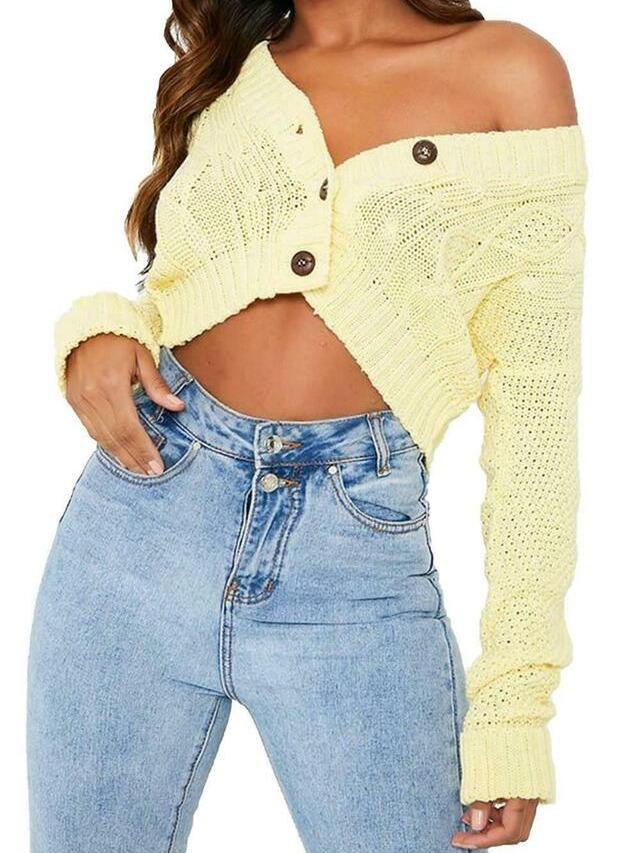 NEW Women's Chunky Cable Knit Cardigan - 3-Button Long Sleeve Crop Top (One Size UK 8-16) - Stylish Knitwear for Womenswear Knitted Underwear Lady Knitting