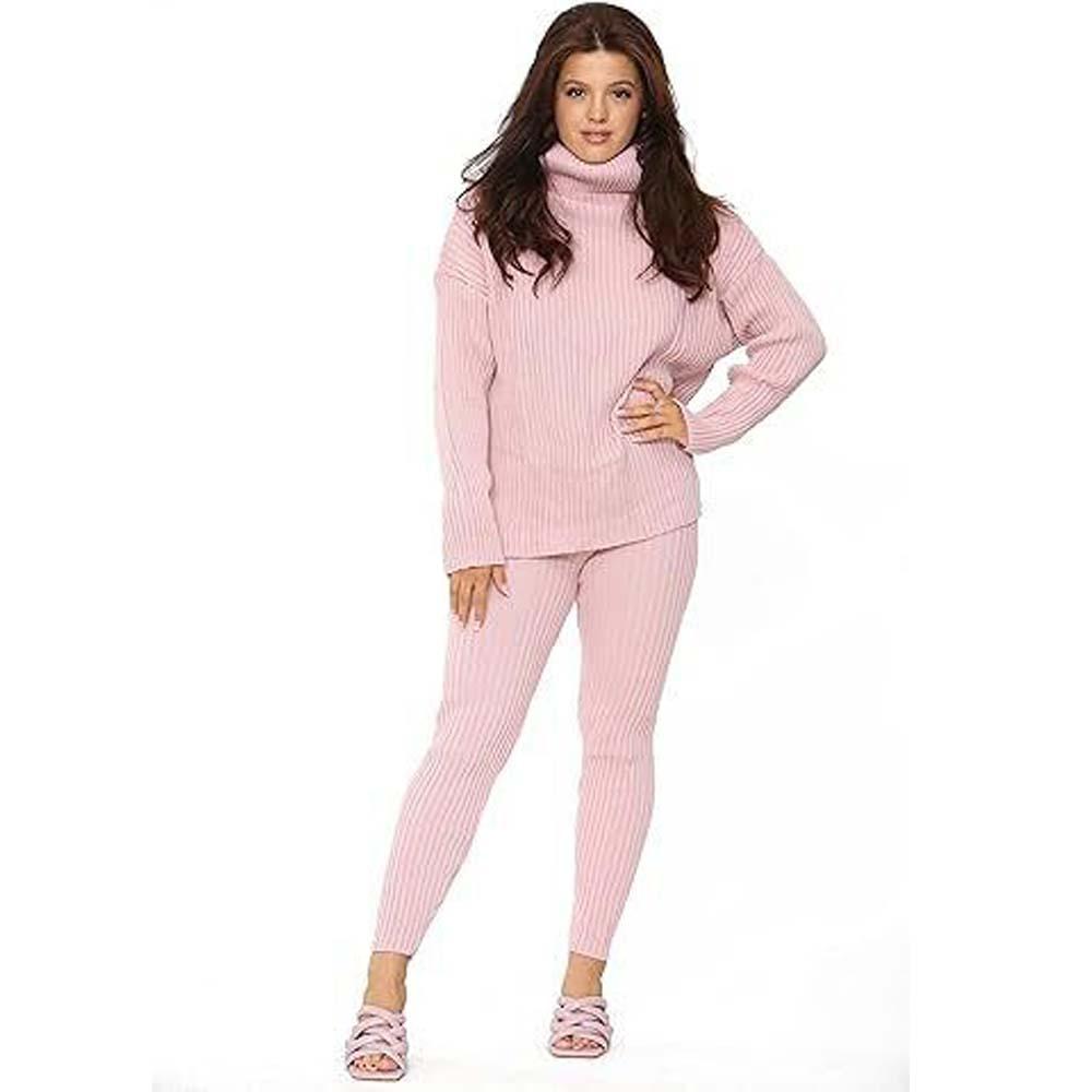 Ladies Chunky Knitted Loungewear Women's Polo High Neck Top Leggings Suit Set UK