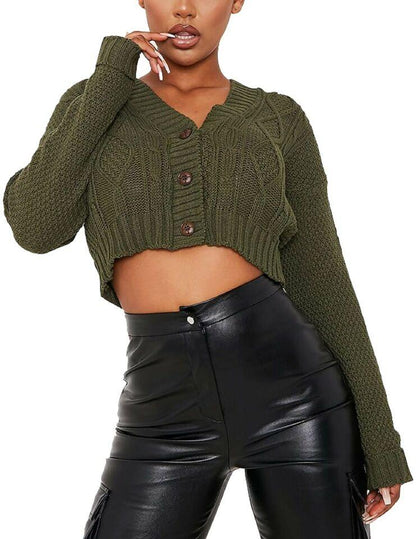 NEW Women's Chunky Cable Knit Cardigan - 3-Button Long Sleeve Crop Top (One Size UK 8-16) - Stylish Knitwear for Womenswear Knitted Underwear Lady Knitting