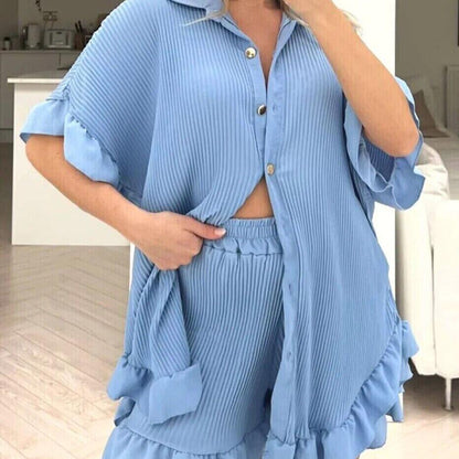 Womens Pleated Shirt with Short Co-Ord Set Short Sleeve Gold Button Up Shirt Summer UK 8-18