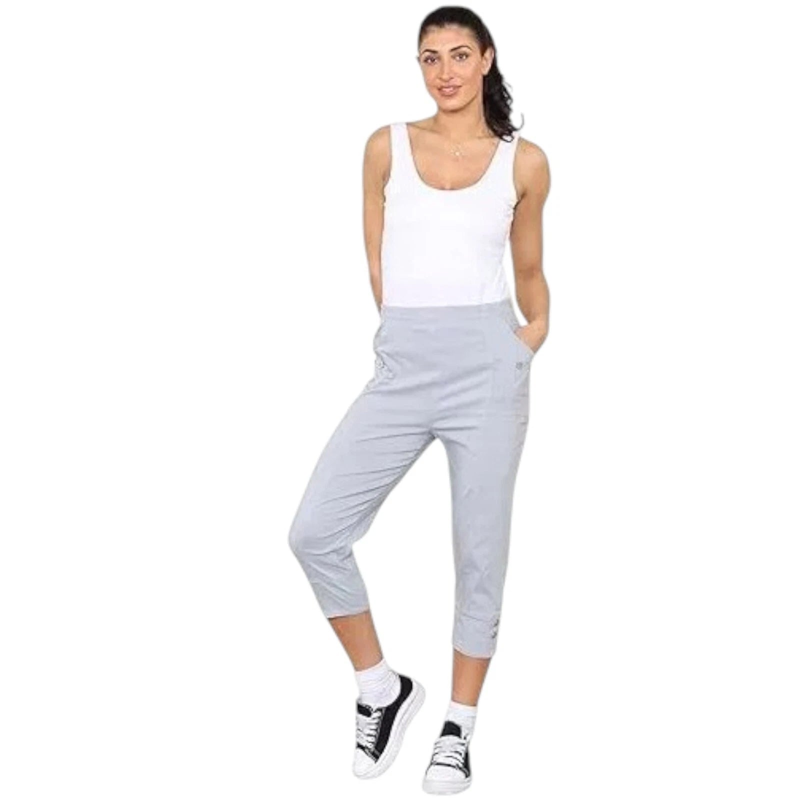 Ladies Cherry Berry Plain Cropped 3/4 Length Trousers Stretch Fit Elasticated Waist Summer Short Pants Plus Size 8-26 Womenswear Bottom Casual Style Comfortable