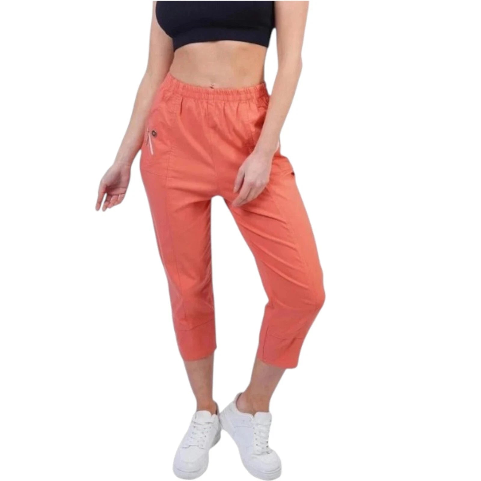 Ladies Cherry Berry Plain Cropped 3/4 Length Trousers Stretch Fit Elasticated Waist Summer Short Pants Plus Size 8-26 Womenswear Bottom Casual Style Comfortable