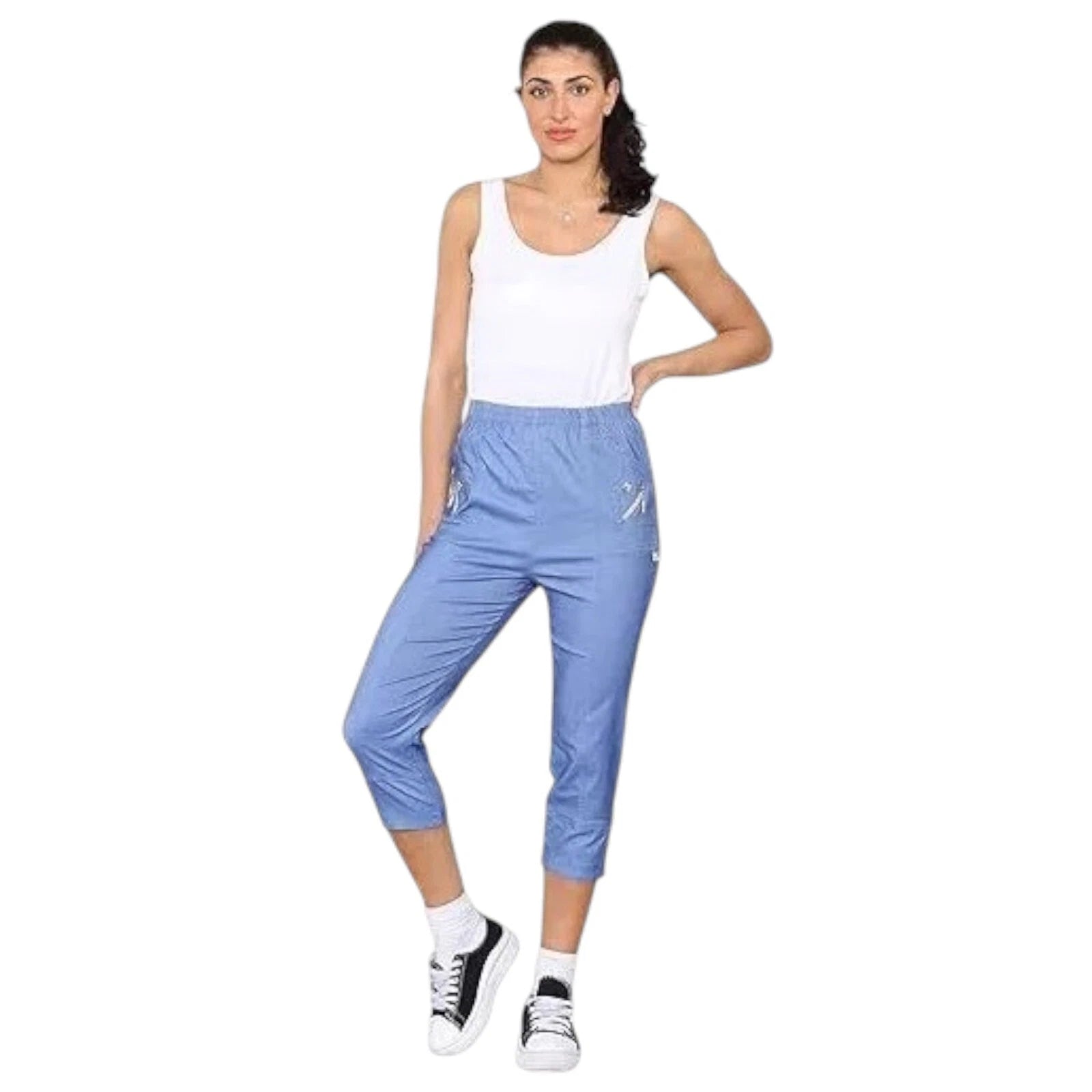 Ladies Cherry Berry Plain Cropped 3/4 Length Trousers Stretch Fit Elasticated Waist Summer Short Pants Plus Size 8-26 Womenswear Bottom Casual Style Comfortable