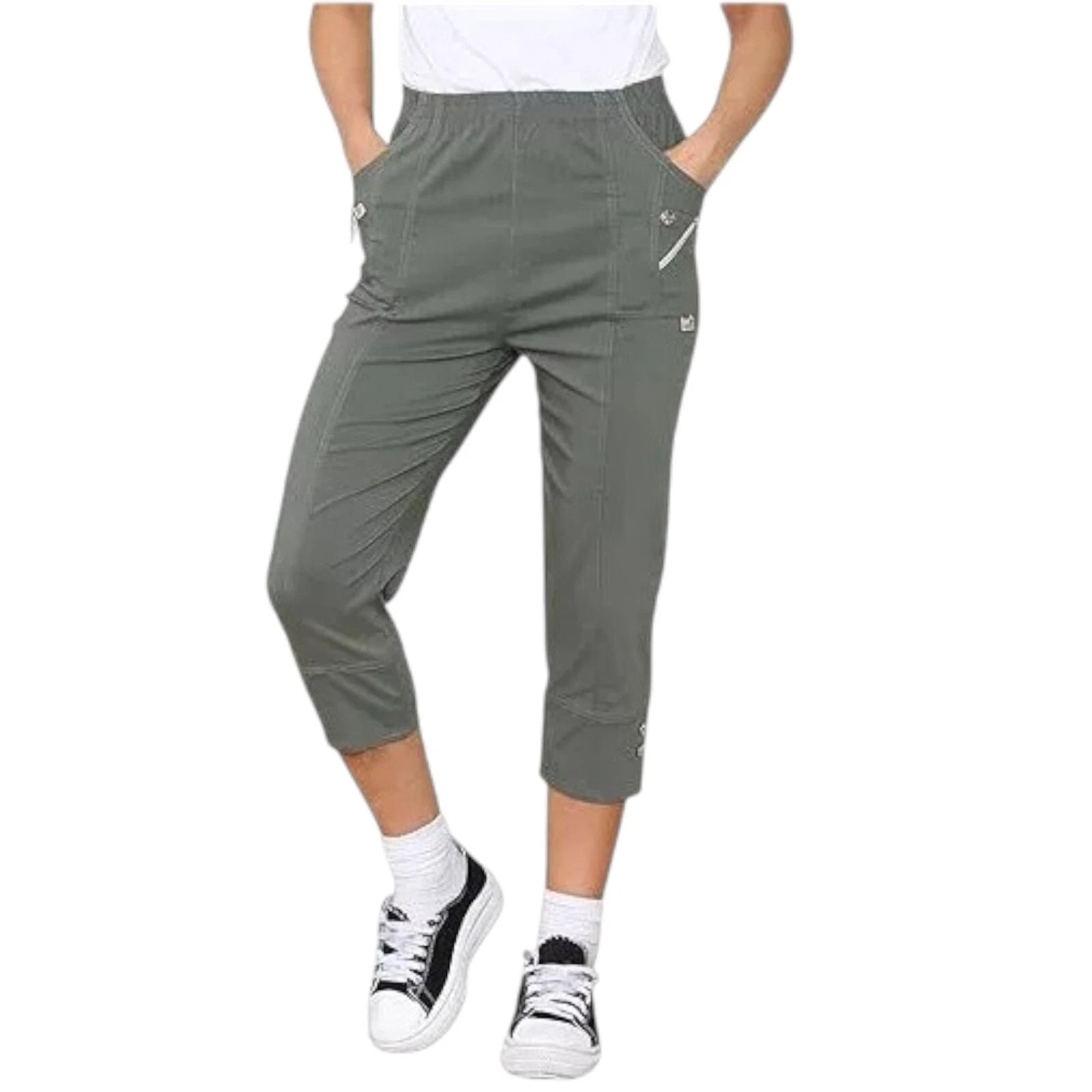 Ladies Cherry Berry Plain Cropped 3/4 Length Trousers Stretch Fit Elasticated Waist Summer Short Pants Plus Size 8-26 Womenswear Bottom Casual Style Comfortable